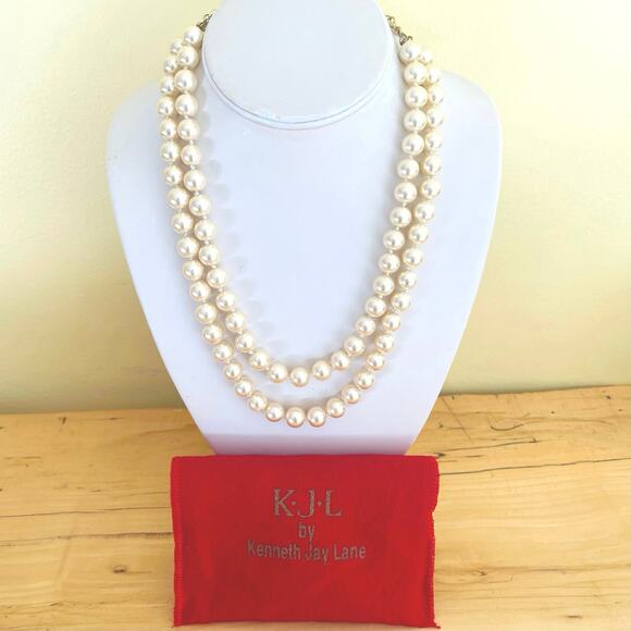 Vintage Kenneth Jay Lane KJL Dbl Strand Faux Pearl Necklace Double Gold Tone - Picture 3 of 11